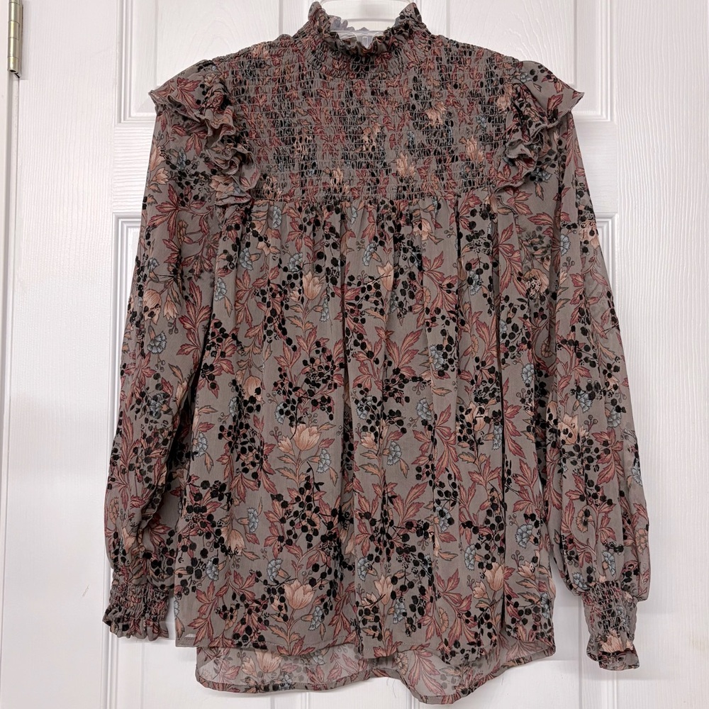 Knox Rose Smocked High Ruffle Neck Velvet Sheer Top Small